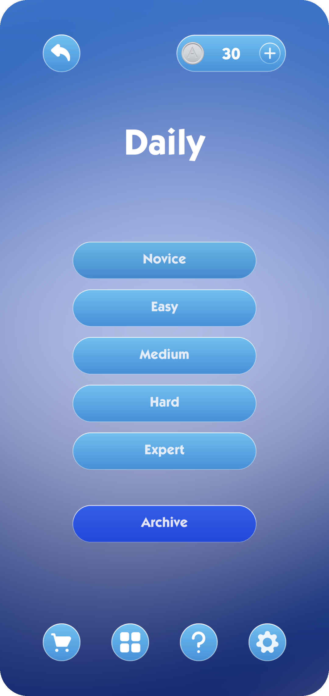 Daily: difficulty picker from Novice to Expert, plus the archive.